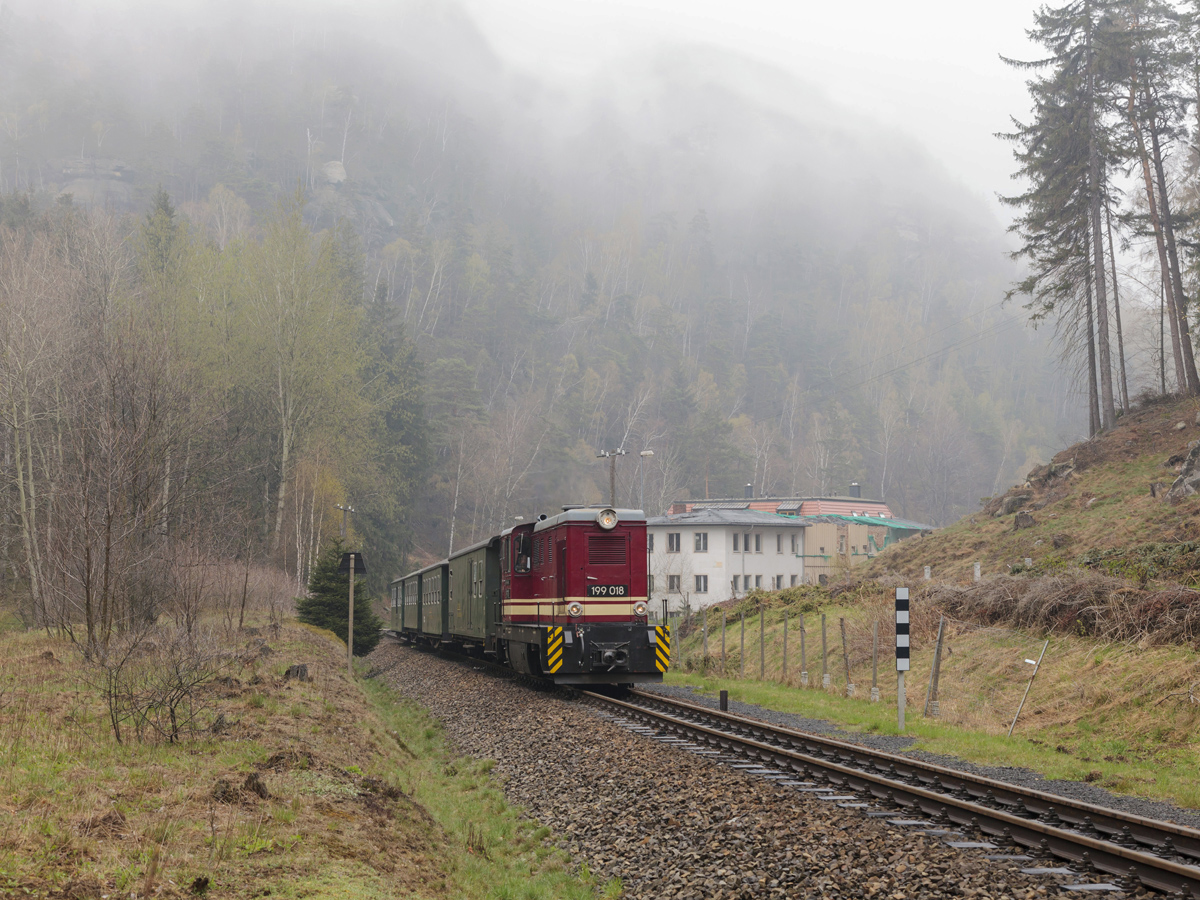 Der 199 018 mit dem Zug kurz vor Bahnhof Kurort Oybin am 14. April 2019.