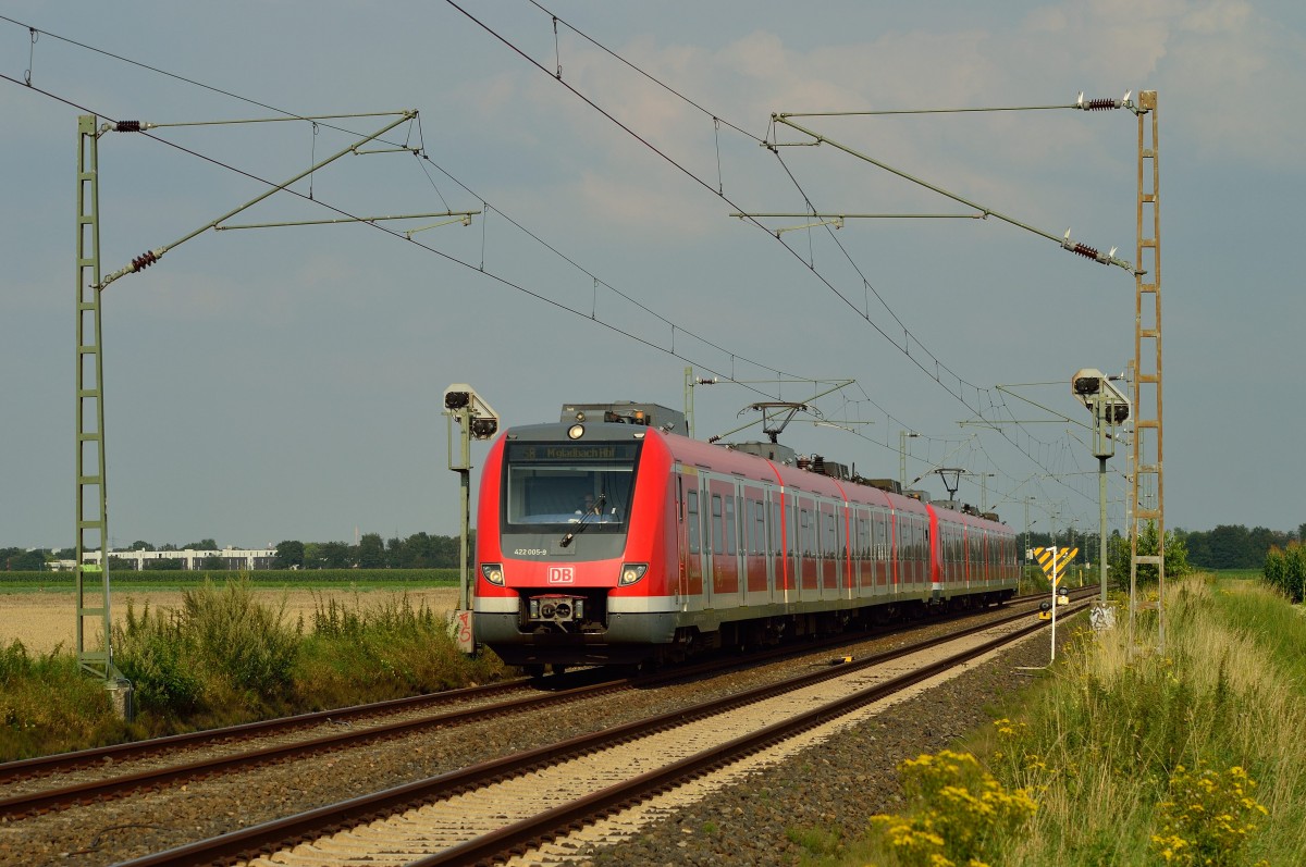 Der 422 005-9 ist hier als S8 nach Mönchengladbach zwischen Büttgen und Kleinenbroich am 1.8.2014 zu sehen.