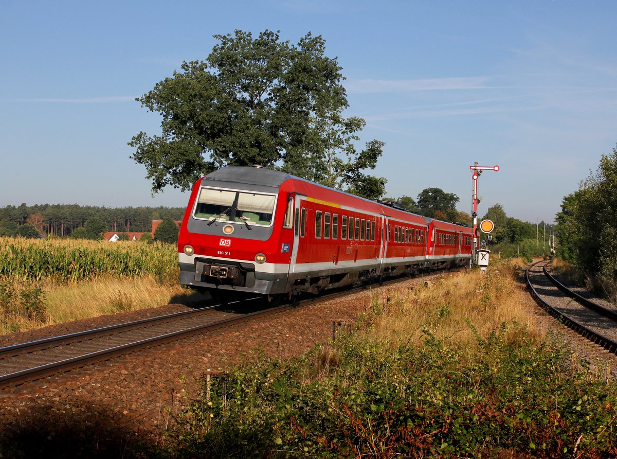 Der 610 011 und der 610 019 als RE am 12.08.2012 unterwegs bei Freihöls.