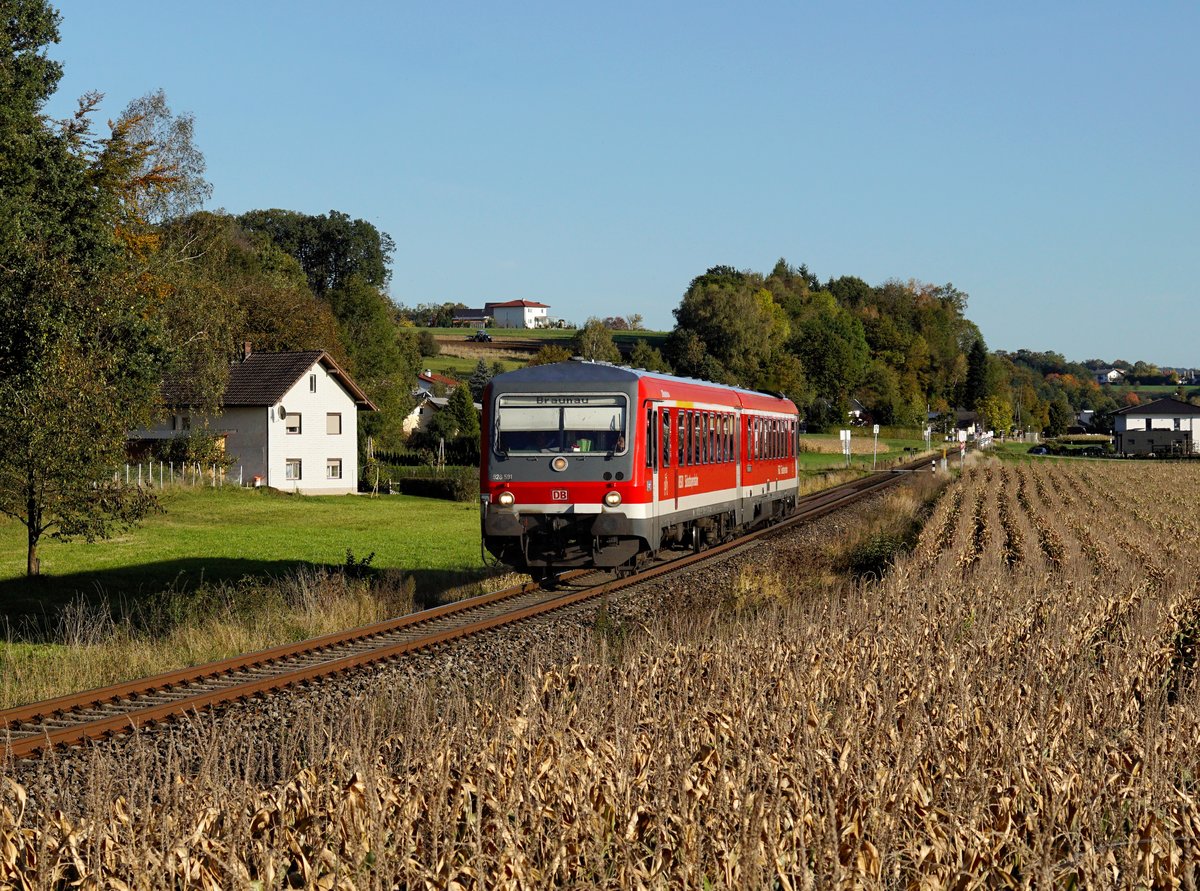 Der 628 591 als REX nach Braunau am 11.10.2019 unterwegs bei Mauerkirchen.