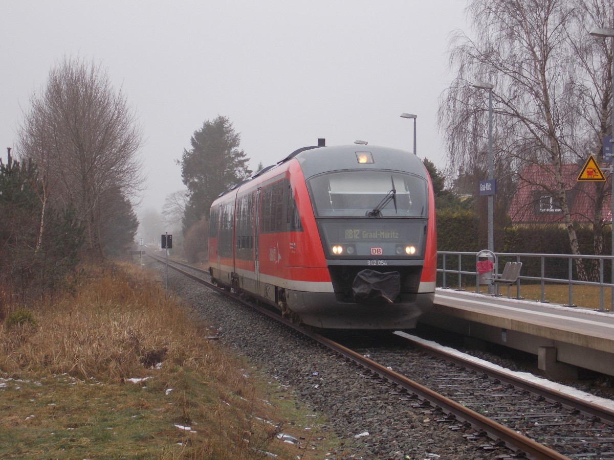 Der 642 054 kam,am 24.Januar 2016,aus Rostock kommend in die Endstation Graal Müritz.