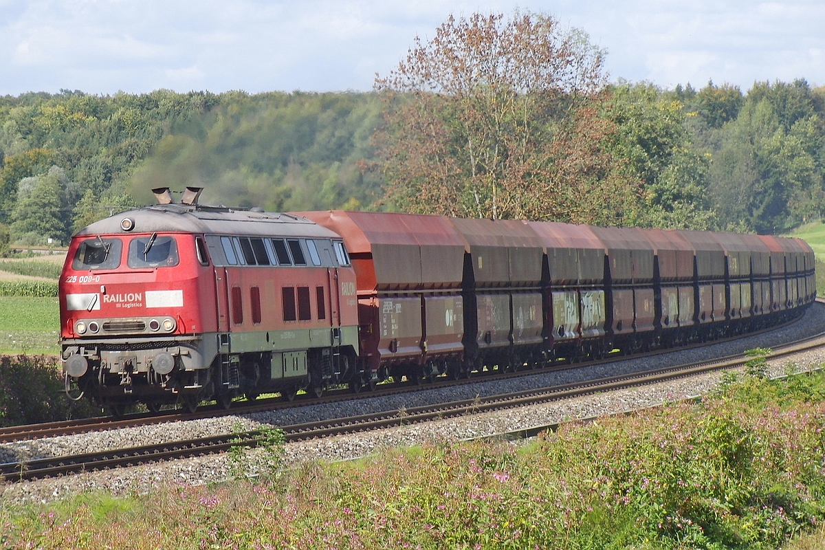 Der „Roßberger Kieszug“ mit 225 009-0 in Fahrtrichtung Friedrichshafen zwischen Oberzell und Meckenbeuren in der Kurve bei Lohner am 27.09.2010.
