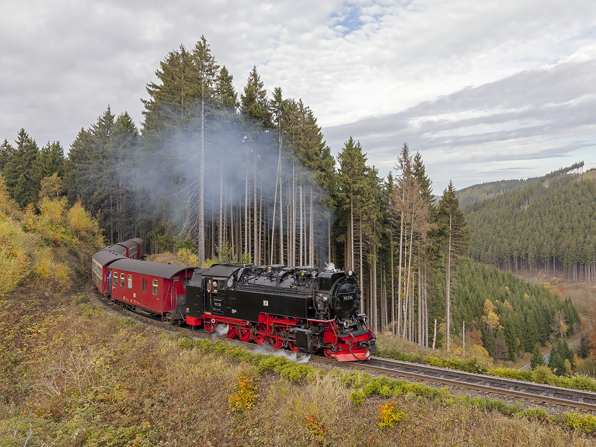 Der 99 236 mit Planzug zum Brocken im die Windbruchstelle am Drängetal kurz vor Drei Annen Hohne am 21. Oktober 2017.