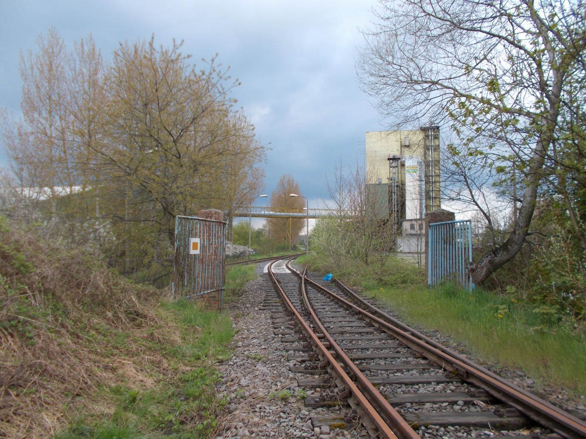 Der Anschluß Getreide AG in Grimmen am 01.Mai 2015 an der Anschlußstrecke zum Schützenplatz.