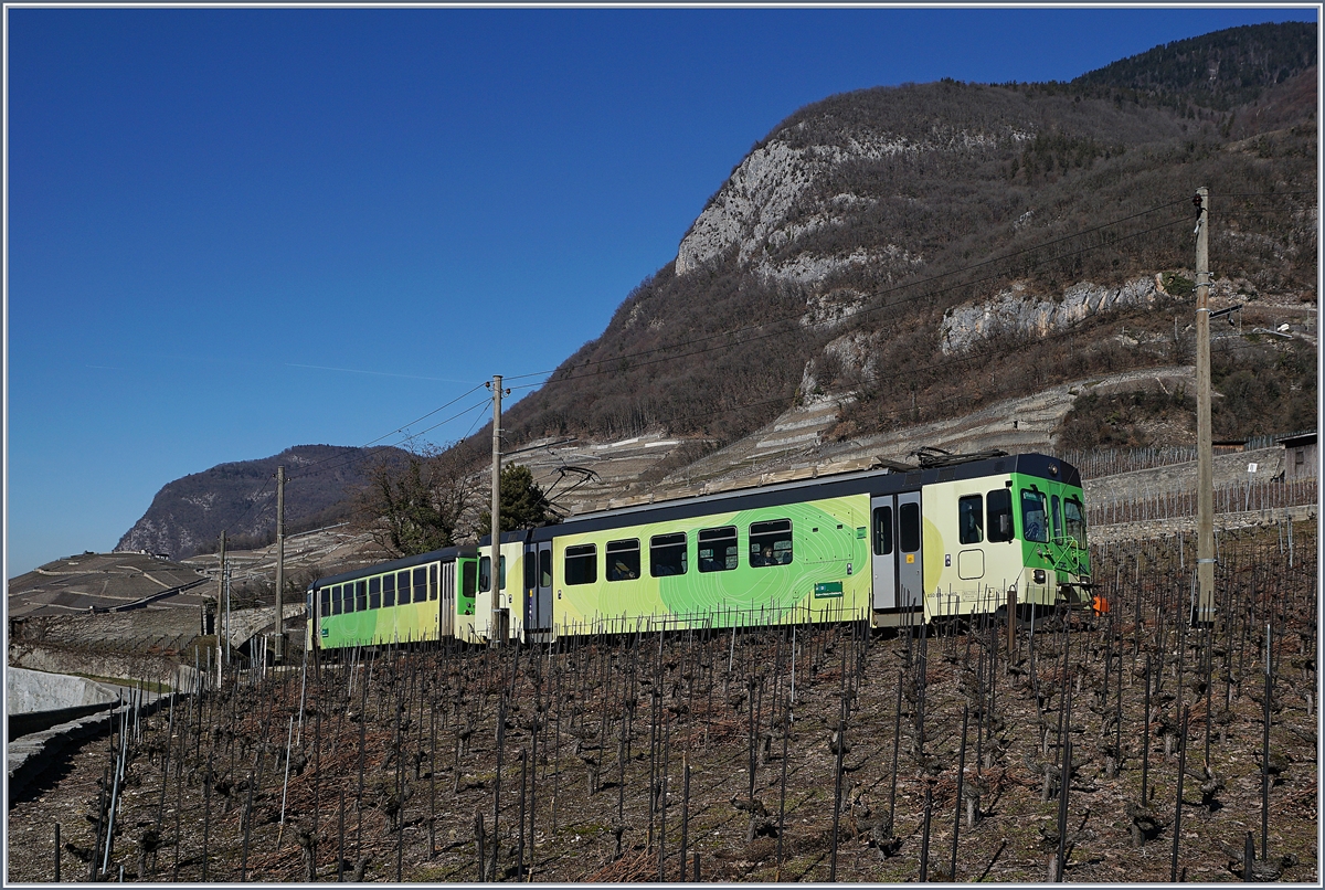 Der ASD BDe 4/4 402 mit seinem Bt als Regionalzug 440 auf dem Weg nach Les Diablerets in den Weinbergen von Aigle. 

17. Februar 2019