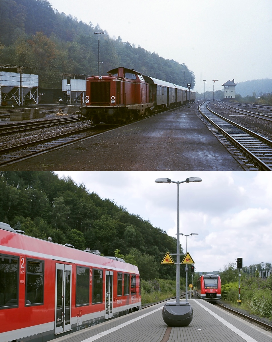 Der Bahnhof Gummersbach an einem regnerischen Spätherbsttag 1978 und am 04.08.2021: Oben fährt 212 285-1 mit einem aus Umbau-Vierachsern bestehenden Nahverkehrszug aus Köln ein, darunter zwei 620 von DB Regio. Die umfangreichen Gleisanlagen sind verschwunden und der Bahnsteig modernisiert, das Stellwerk ist noch vorhanden (zwischen Triebwagen und Signal schwach hinter einem Baum erkennbar), wird aber nicht mehr genutzt. Die 212 285-1 gehört heute der Mittelweserbahn.