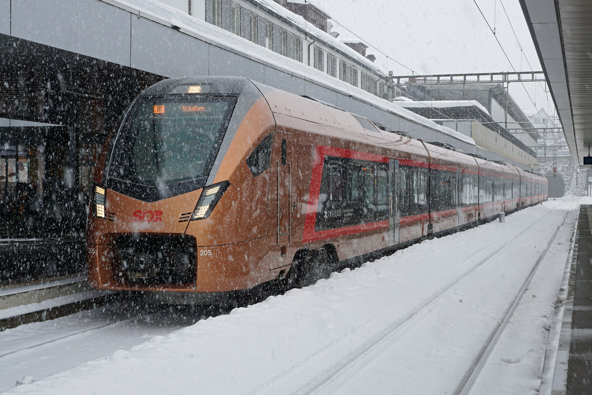 Der Bahnhof Herisau der Südostbahn/SOB im Winter 2021.
Impressionen vom 27. Januar.
Foto: Walter Ruetsch