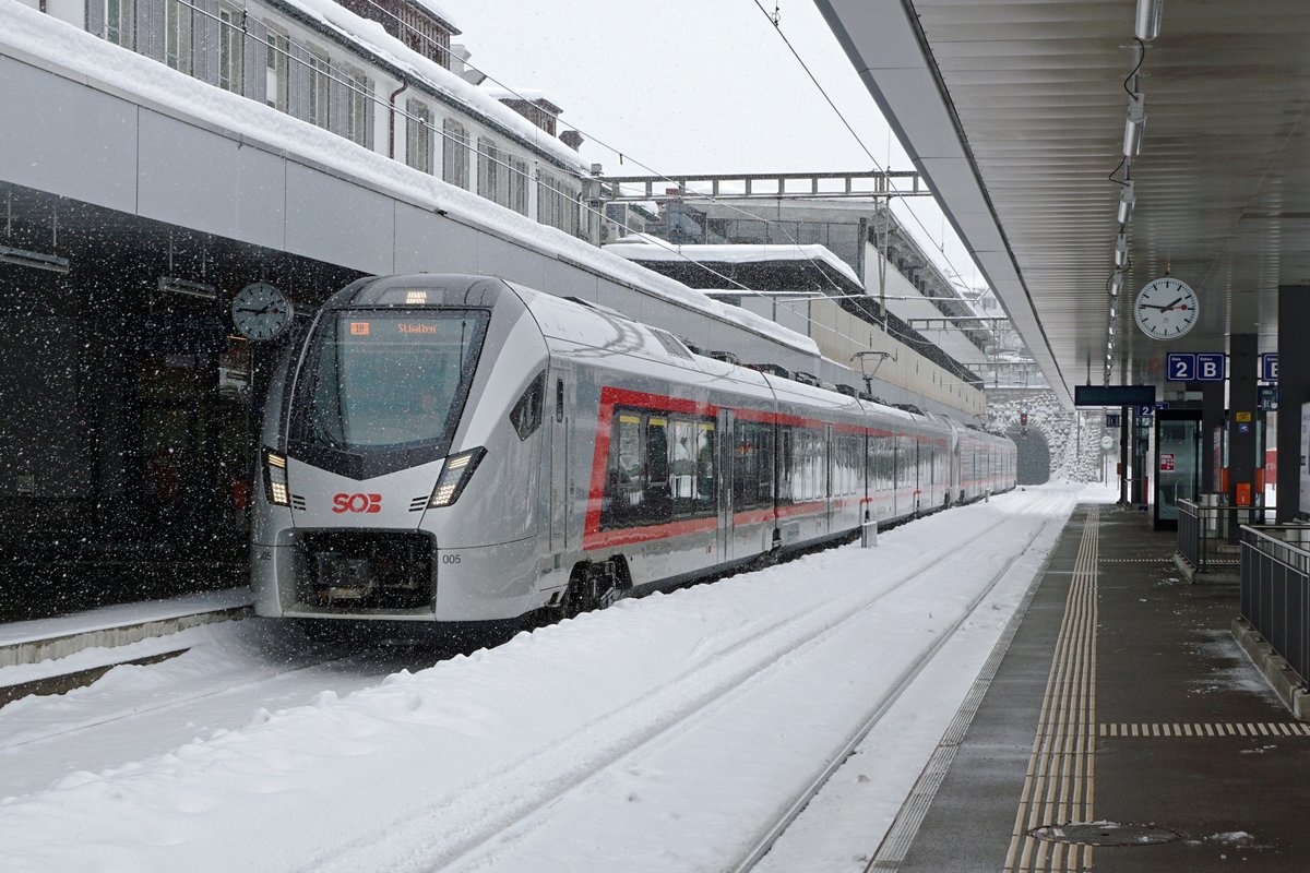 Der Bahnhof Herisau der Südostbahn/SOB im Winter 2021.
Impressionen vom 27. Januar.
Foto: Walter Ruetsch