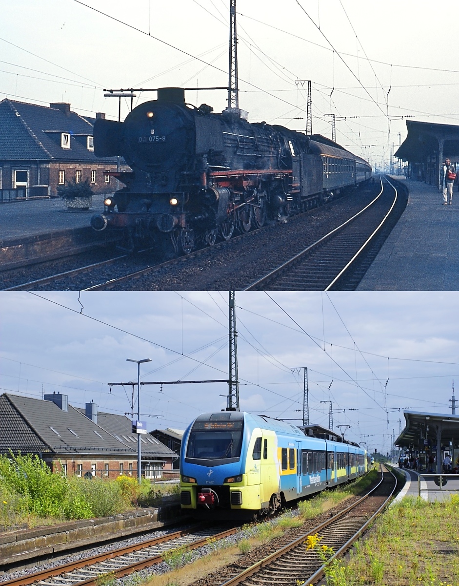 Der Bahnhof Rheine einst und jetzt: Auf dem oberen Bild, das im Frühjahr 1975 entstand, die 012 075-8 vor einem abendlichen Schnellzug in Richtung Emden, darunter der ET 412 der Westfalenbahn am 29.07.2021. Obwohl zwischen den Aufnahmen mehr als 46 Jahre liegen, hat sich gar nicht so viel geändert, sieht man einmal davon ab, dass die Bahnsteige renoviert und stellenweise  begrünt  wurden. Die 012 075-8 gehört heute der Stoom Stichting Nederland und wurde 1991 auf Kohlefeuerung zurückgebaut.