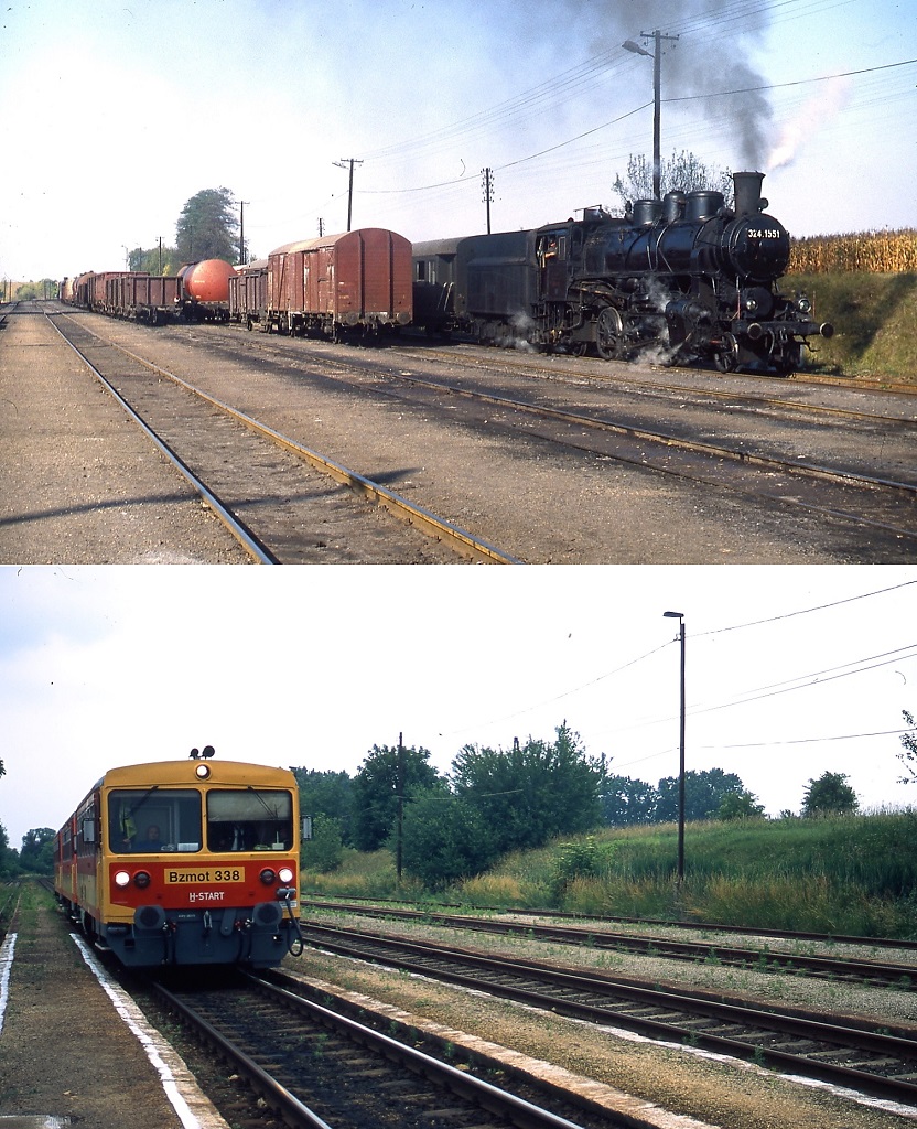 Der Bahnhof Vespremvarsany/Ungarn einst & jetzt: Früher kreuzten sich hier die Strecken von Györ nach Veszprem und von Papa nach Tatabanya, auf dem oberen Bild vom Oktober 1978 stellt 324.1551 einen Güterzug nach Papa zusammen. Das untere Foto zeigt den Bzmot 338, der am 09.06.2011 von Györ nach Veszprem unterwegs ist. Die Strecke von Papa nach Tatabanya ist heute stillgelegt.