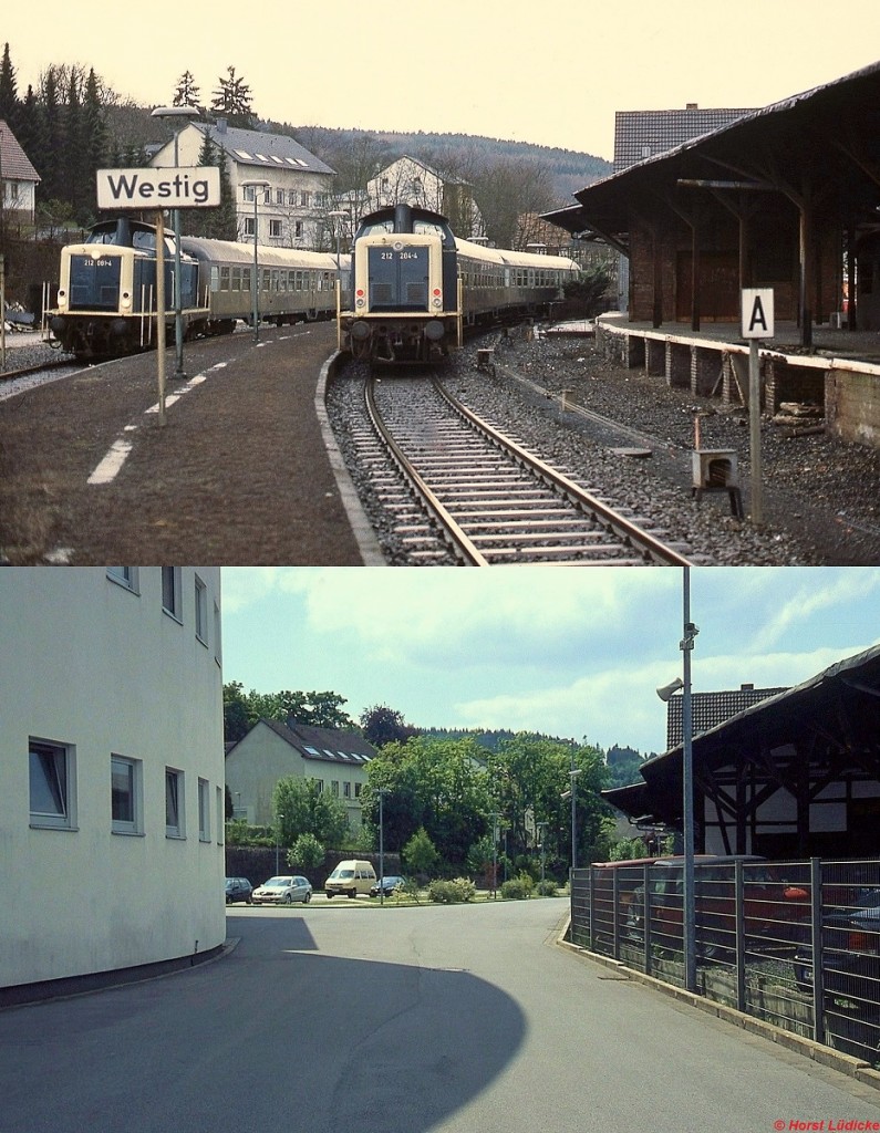 Der Bahnhof Westig im Herbst 1987 und im Sommer 2009: Wo früher 212 081-4 und 212 284-4 mit ihren Nahverkehrszügen nach Menden bzw. Iserlohn kreuzten, befindet sich heute eine Feuerwache. Zumindest das Bahnhofsgebäude blieb erhalten.