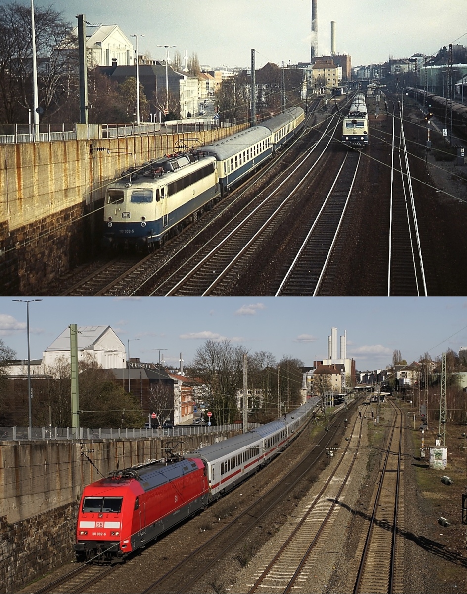 Der Bahnhof Wuppertal-Barmen Einst & Jetzt: Auf dem oberen Bild, das in der zweiten Hälfte der 1980er Jahre entstand, liefern sich 110 303-5 und eine unbekannte 111 ein Wettrennen, unten durchfährt 101 082-6 mit einem IC den Bahnhof (12.03.2020)