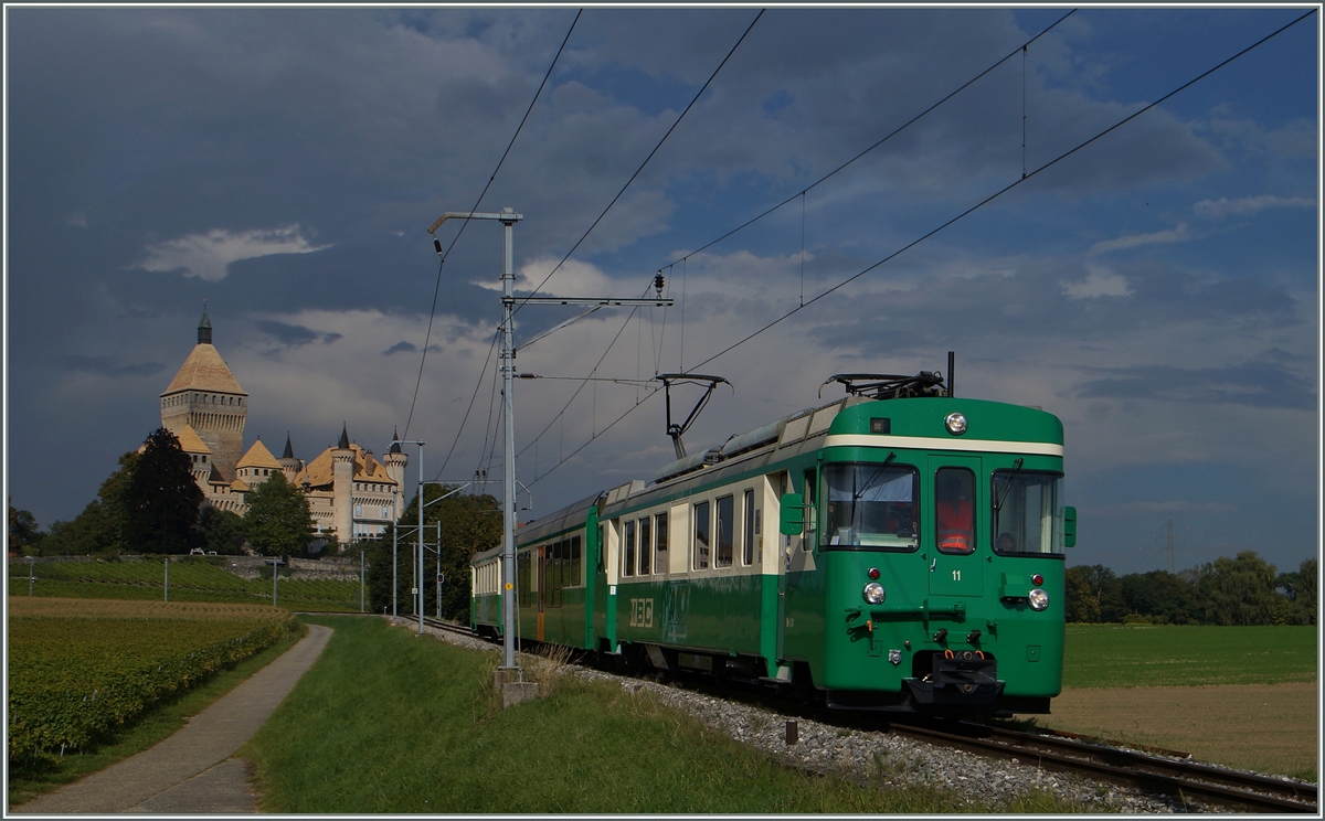 Der BAM Be 4/4 N° 11 mit dem Regionalzug 127 von Bière nach Morges zwischen Vufflens le Château und Chigny. 
8. Sept. 2014