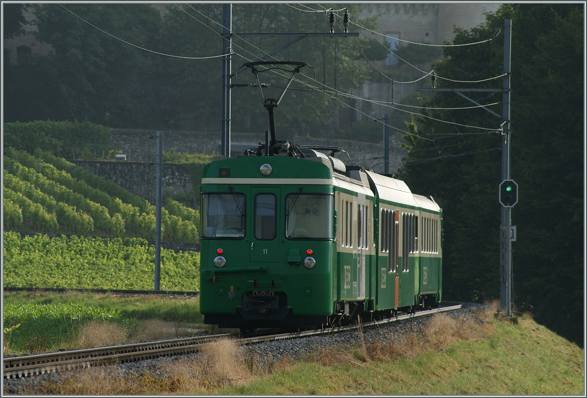 Der BAM Regionalzug 108 von Morges nach Bière in drei Varianten: Kurz vor Vufflens le Château als Telebild. 3. Juli 2014