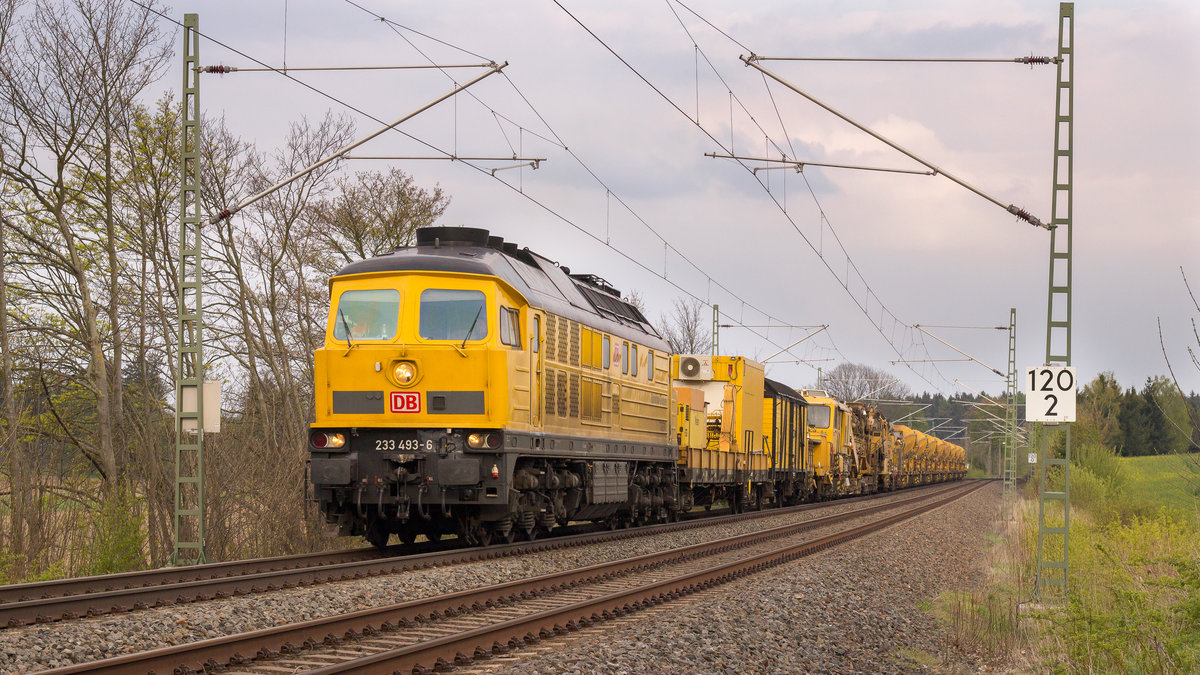 Der Bauzugtiger 233 493-6 mit seinem Equipment am 29. April 2017 kurz vor dem Bahnhof Syrau in Richtung Mehltheuer. Gelb steht ihm gut :) 