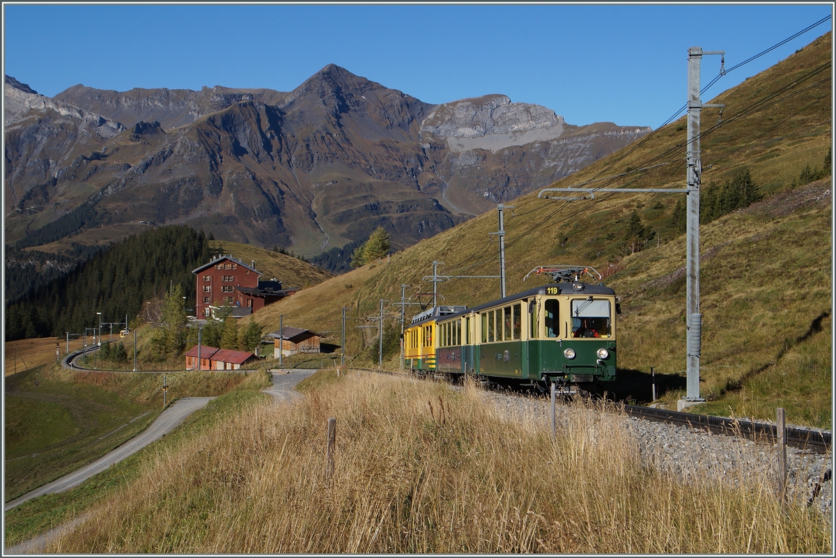 Der BDhe 4/4 119 schiebt schiebt seinne Zug Richtung Kleine Scheidegg und hat vor kurzem die  im Hintergrund zu sehende Station Wengeneralp verlassen. 
9. Okt. 2014