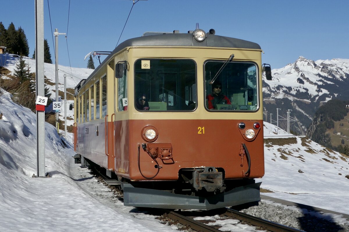 Der Be 4/4 21 am 28.1.24 unterwegs nach Mürren zwischen Grütschalp und Winteregg.