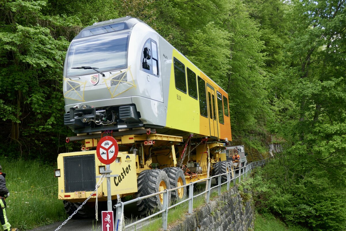 Der Be 4/6 101  Eiger  am 13.5.24 unterwegs im Wald bei Lauterbrunnen.