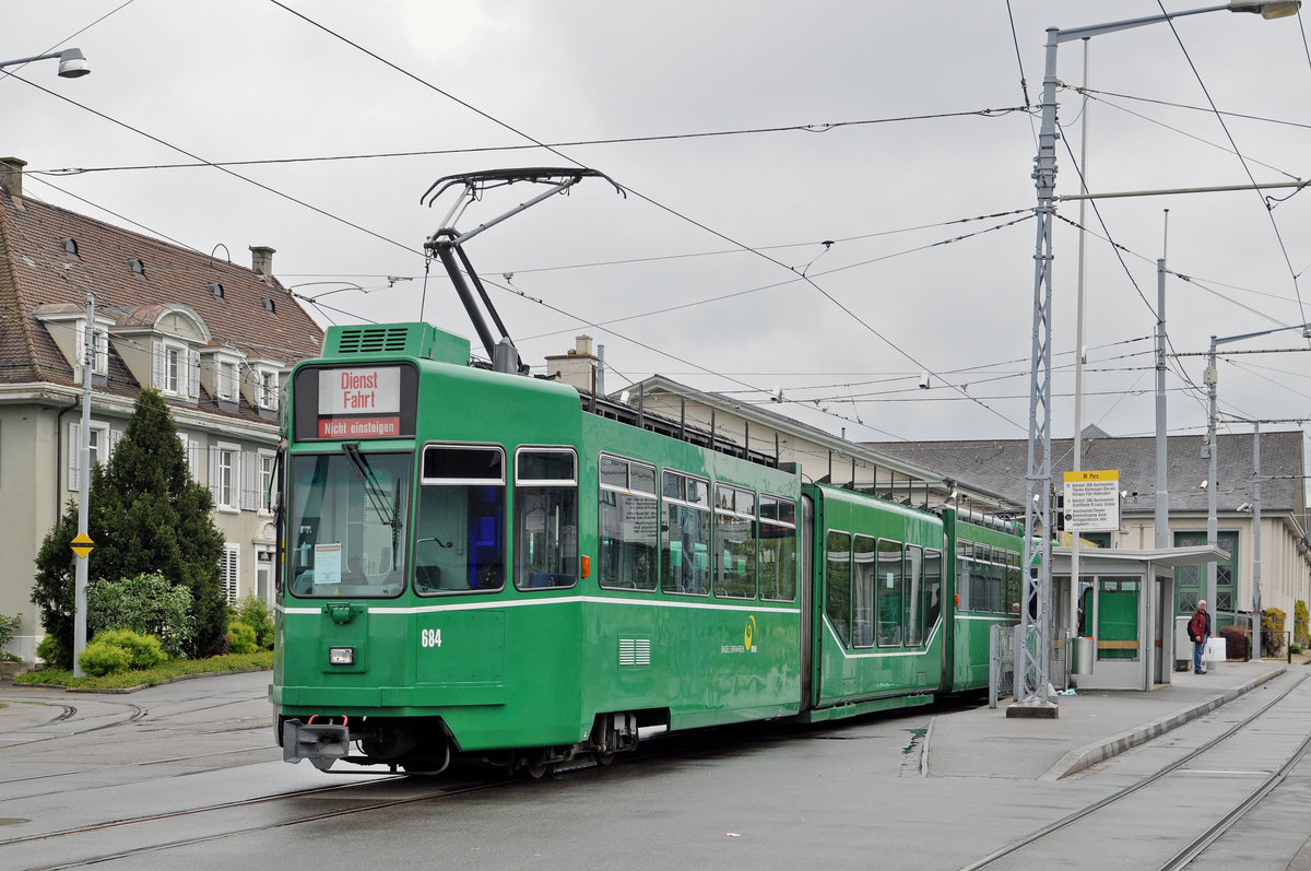 Der Be 4/6S 684 wartet auf dem Hof des Depots Dreispitz auf den Verlad nach Sofia. Die Aufnahme stammt vom 26.04.2017.