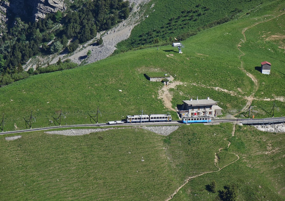 Der Beh 4/8 301 als Regionalzug 3359 auf der Fahrt hinauf zum Rochers-de-Naye kreuzt in Jaman den talwärts fahrenden Bhe 2/4 207.
(28.06.2016)
