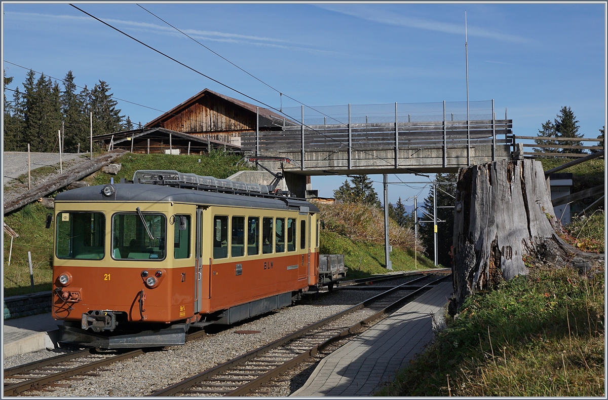 Der BLM Be 4/4 21 wartet in Winteregg mit seinem Vorstellwagen auf die Weiterfahrt nach Grütschalp.
16. Oktober 2018