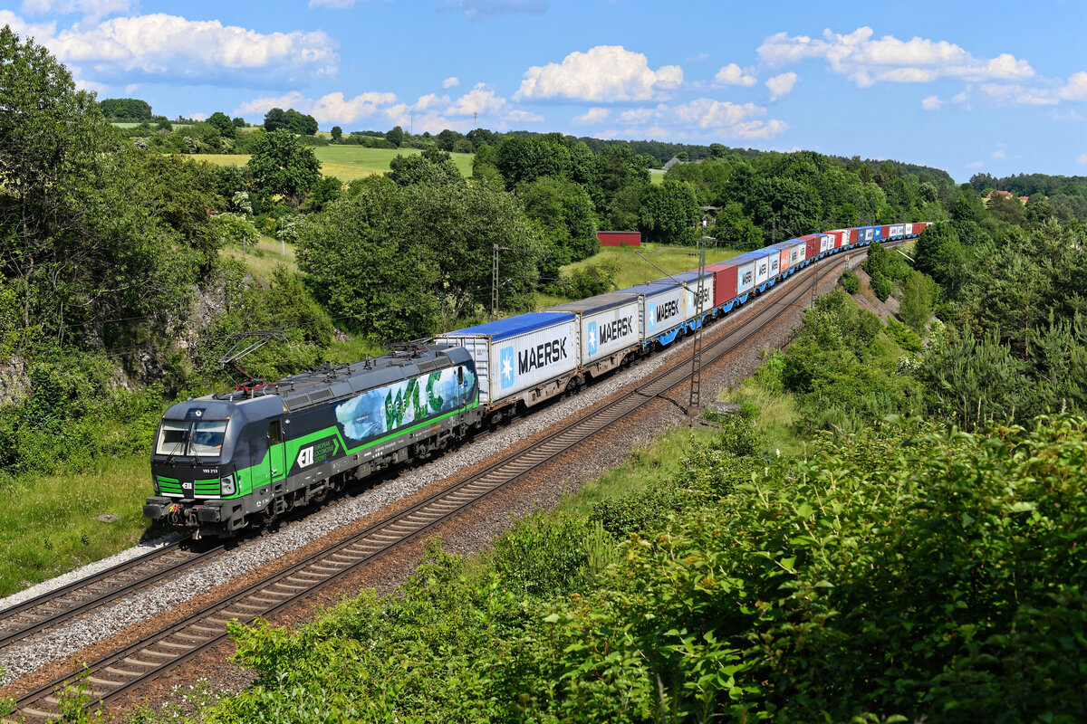Der Containerzug DGS 42944 von Enns nach Weddewarder Tief fährt an Sonntagen sehr verläßlich und durchquert nachmittags die Oberpfalz. Am 12. Juni 2022 war er mit der für die WLC fahrenden 193 213 bespannt, die mit ihrer Gestaltung auf die Umweltfreundlichkeit des Schienengüterverkehrs hinweist. 
