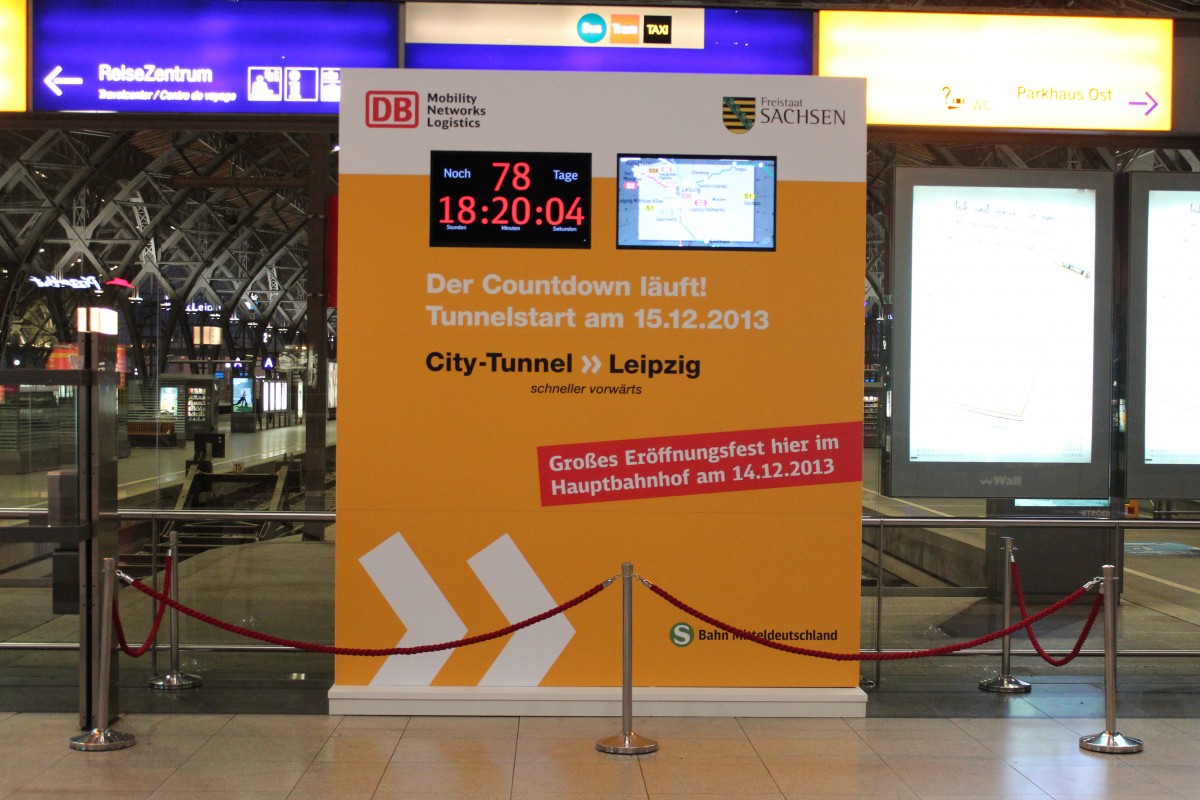Der Countdown luft! Tunnelstart am 15.12.2013. Mit dieser Uhr werden die Kunden in Leipzig Hbf informiert wann der City Tunnel erffnet wird.27.09.2013