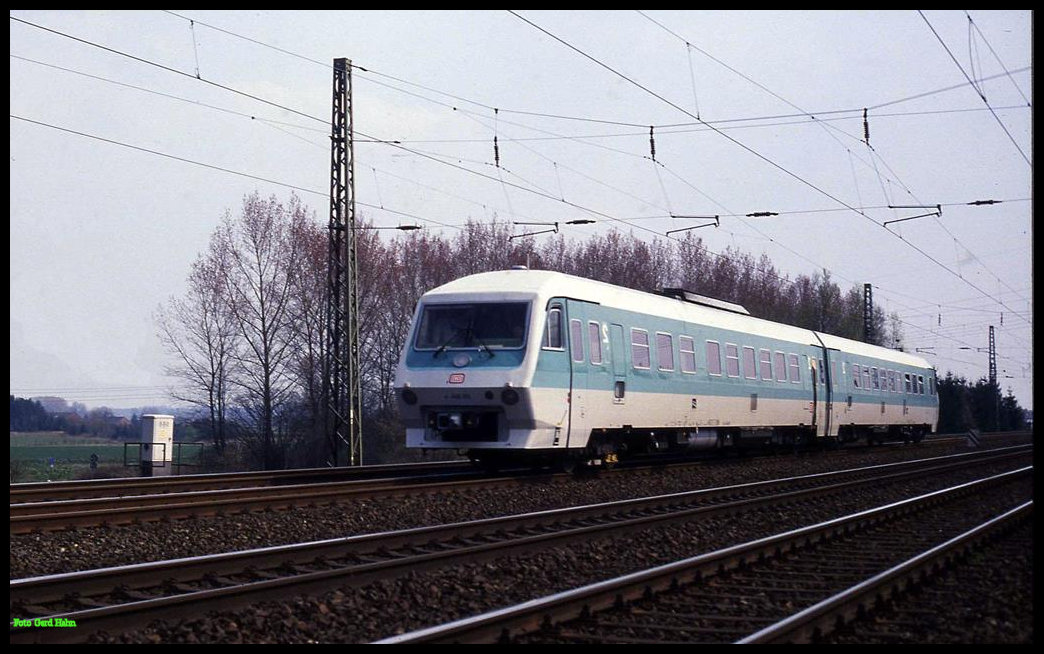 Der damals neue Triebwagen Pendolino 610004 machte am 9.4.1992 Testfahrten zwischen Minden und Neubeckum. Hier ist das Fahrzeug aus Minden kommend kurz vor Neubeckum unterwegs.