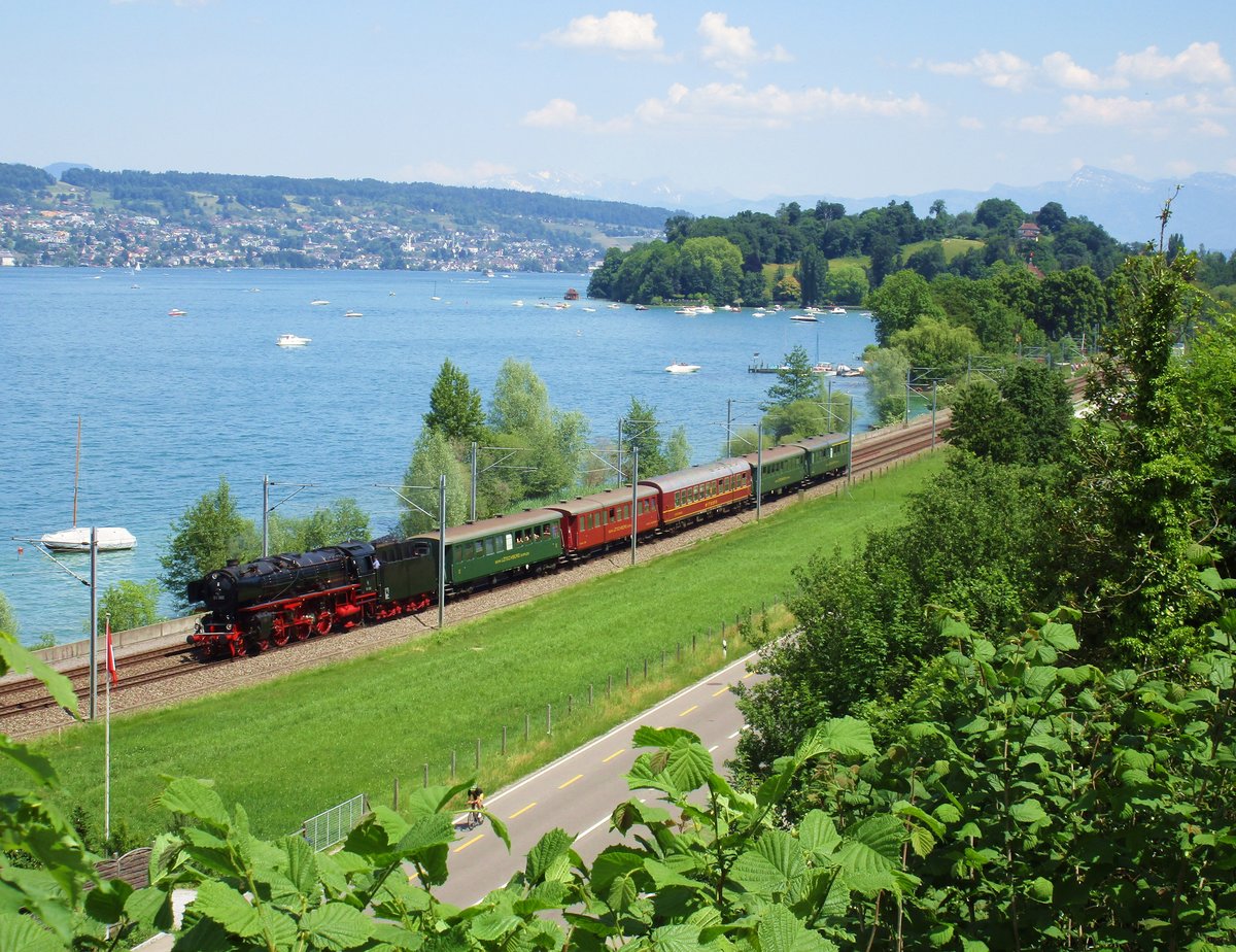 Der Dampfsonderzug und die BR 01 202 des Vereins Pacific dampfte am 28. Mai 2017 von Schaffhausen über die Dettenberglinie und die Tösstallinie via Rapperswil, Zürich Altstetten, Olten, Biel/Bienne nach Lyss. Bei einer Temperatur von etwa 30° fährt der Dampfsonderzug und die BR 01 202 entlang dem linken Zürichseeufer auf der Walenseelinie nach ZH Altstetten. Die Aufnahme entstand am 28. Mai 2017 zwischen Horgen und Au ZH.