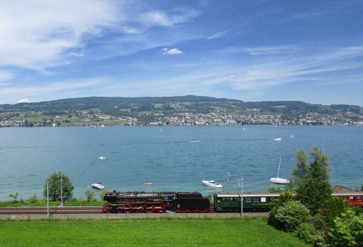 Der Dampfsonderzug und die BR 01 202 des Vereins Pacific dampfte am 28. Mai 2017 von Schaffhausen über die Dettenberglinie und die Tösstallinie via Rapperswil, Zürich Altstetten, Olten, Biel/Bienne nach Lyss. Bei einer Temperatur von etwa 30° fährt der Dampfsonderzug und die BR 01 202 entlang dem linken Zürichseeufer auf der Walenseelinie nach ZH Altstetten. Die Aufnahme entstand am 28. Mai 2017 zwischen Horgen und Au ZH. 