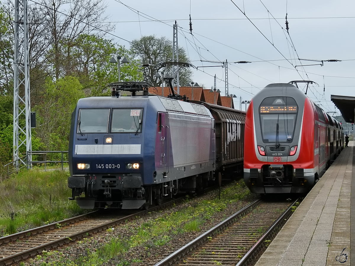 Der DB-Regionaltriebzug 445 004 hält Mitte Mai 2021 am Hauptbahnhof in Neustrelitz, während die Elektrolokomotive 145 003-0 mit einem gemischten Güterzug unterwegs ist.