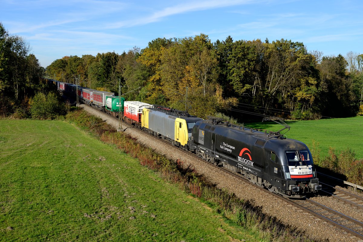 Der DGS 43109 wurde am 24. Oktober 2015 zwischen München Laim Rangierbahnhof und Brenner von 182 510 und 189 930 befördert. Im schönsten Herbstlicht konnte der gut ausgelastete KLV-Zug bei Gutmart abgelichtet werden.