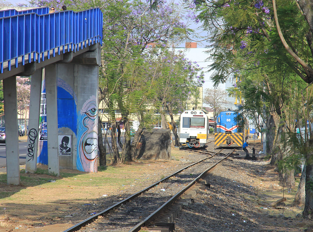 Der Diesel-Triebzug fährt in östlicher Richtung weiter und kreuzt den mit einer Diesellok Nr. 86 geführten Gegenzug. Dessen Lokführer stellt noch schnell die Weiche von Hand. Er wird gleich wieder in die Maschine steigen und den Zug in die Station führen. Aufnahme vom 09. April 2014, 15:58