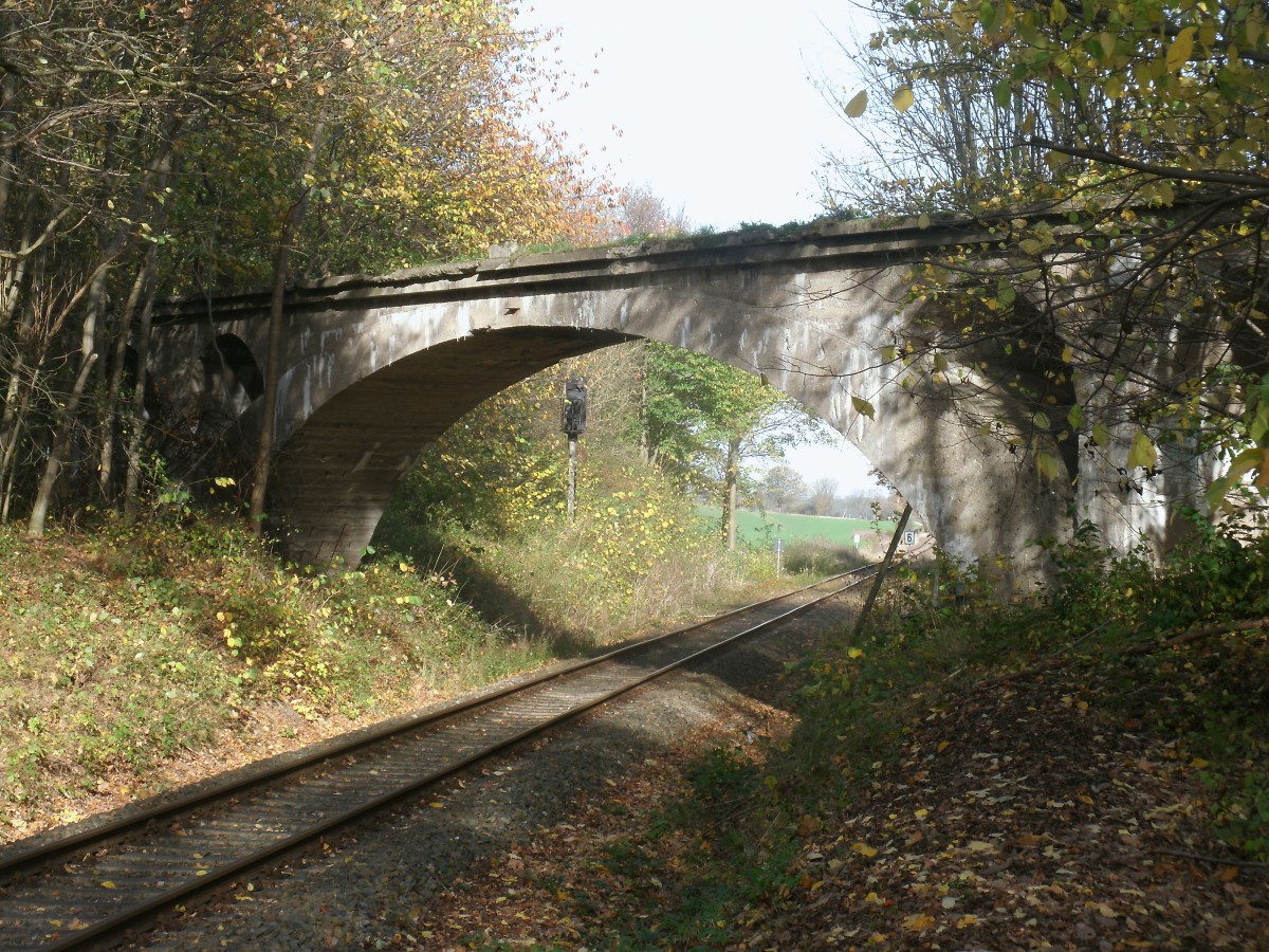 Der ehmalige Schmalspurviadukt ber die Normalspurstrecke Bergen/Rgen-Lauterbach Mole in Putbus am 31.Oktober 2013.Die Brcke war die Einzige Brcke auf Rgen wo eine Eisenbahnstrecke eine andere Bahnstrecke berquerte.Im Hintergrund ist das Putbuser Einfahrsignal fr die Zge aus Richtung Bergen/Rgen zuerkennen.