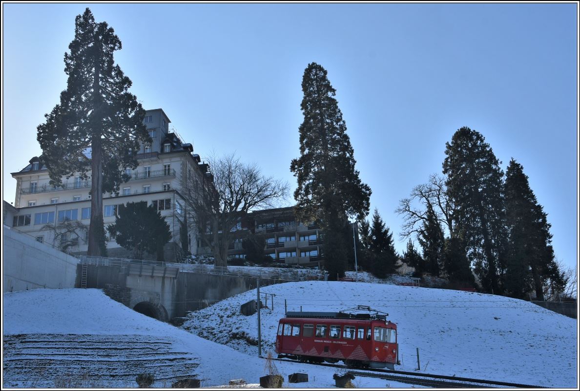 Der einzige Triebwagen der RhW kurz vor dem Ziel Walzenhausen. (14.02.2018)