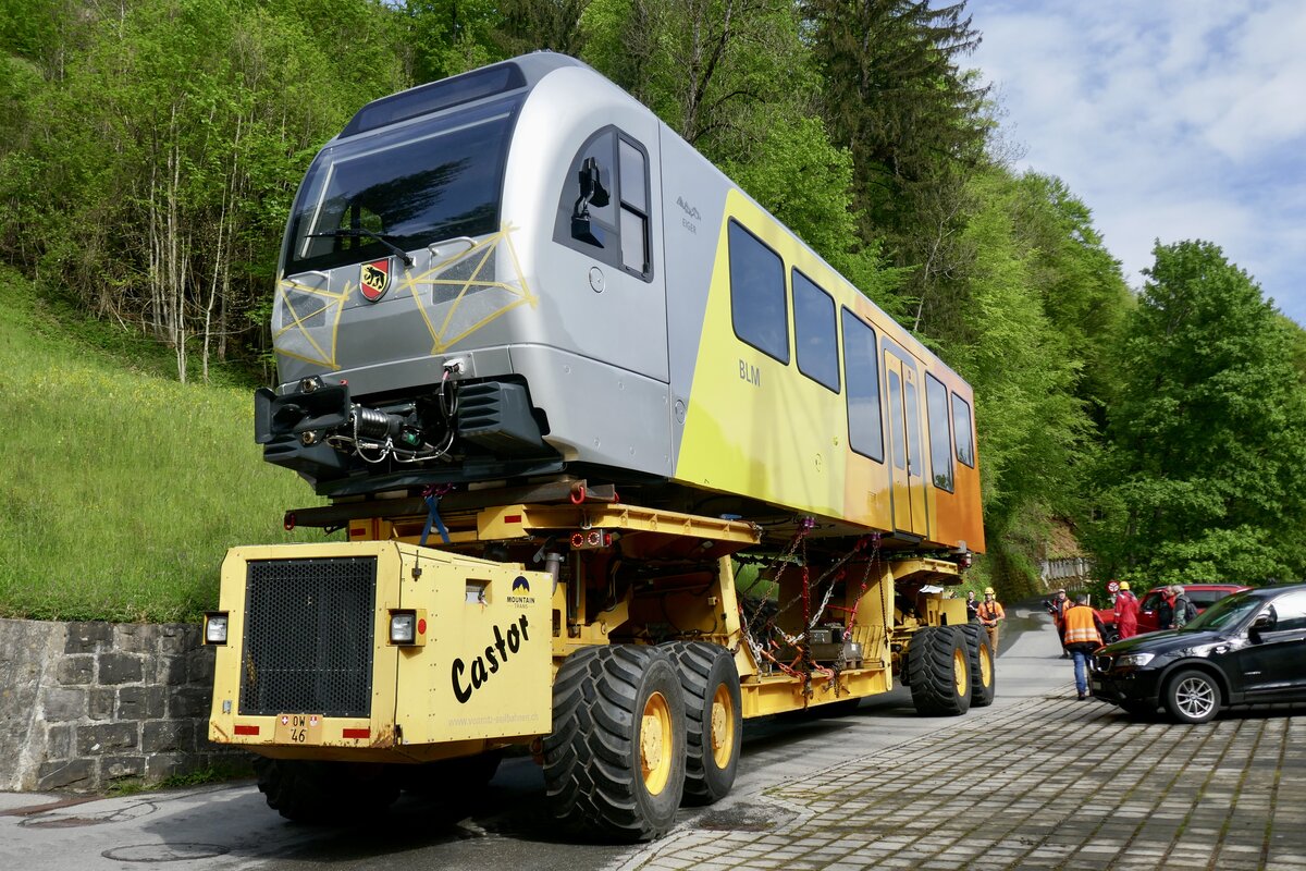 Der erste Zugteil des zweiten Zuges Be 4/6 101 für die BLM steht hier am 13.5.24 kurz vor dem Wald.