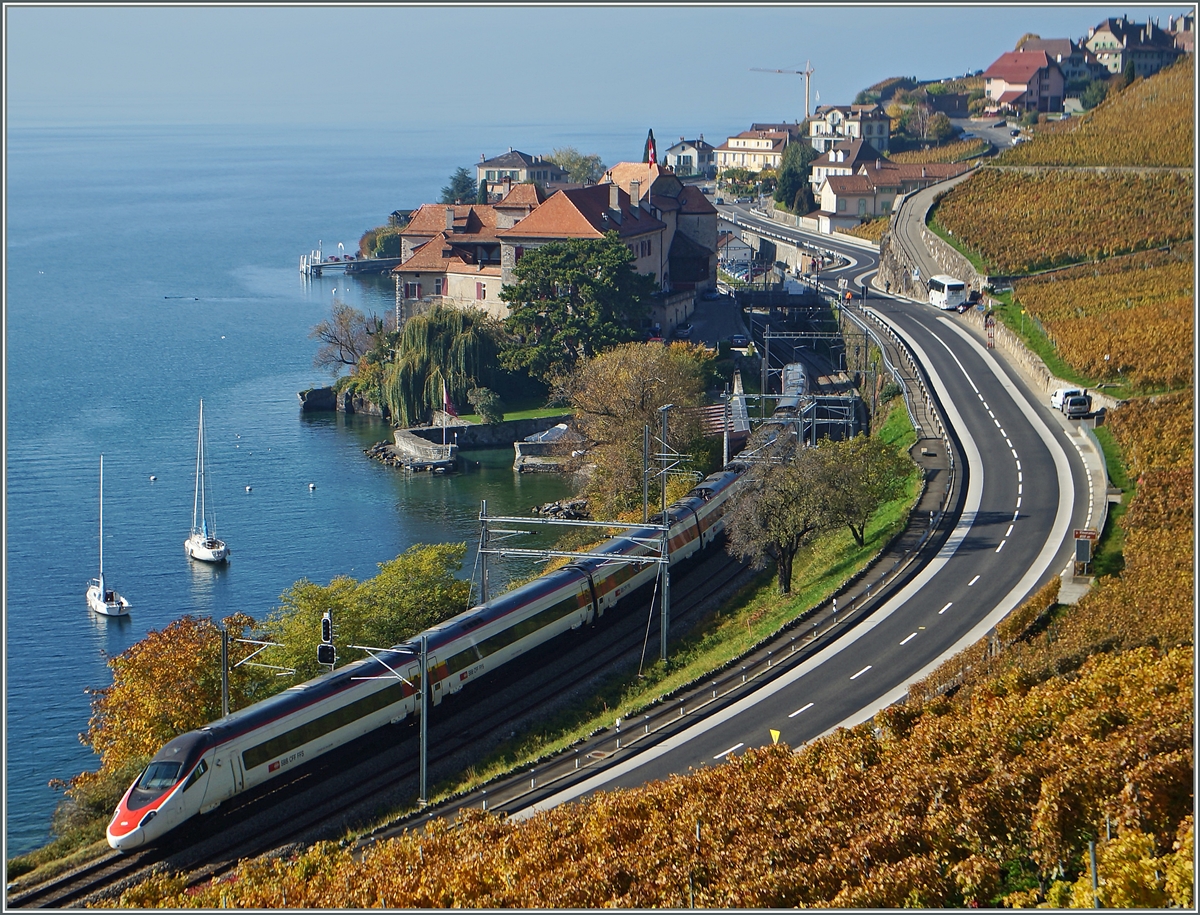 Der ETR 610 als EC 32 auf der Fahrt von Milano nach Genève bei Rivaz. 
2. Nov. 2014