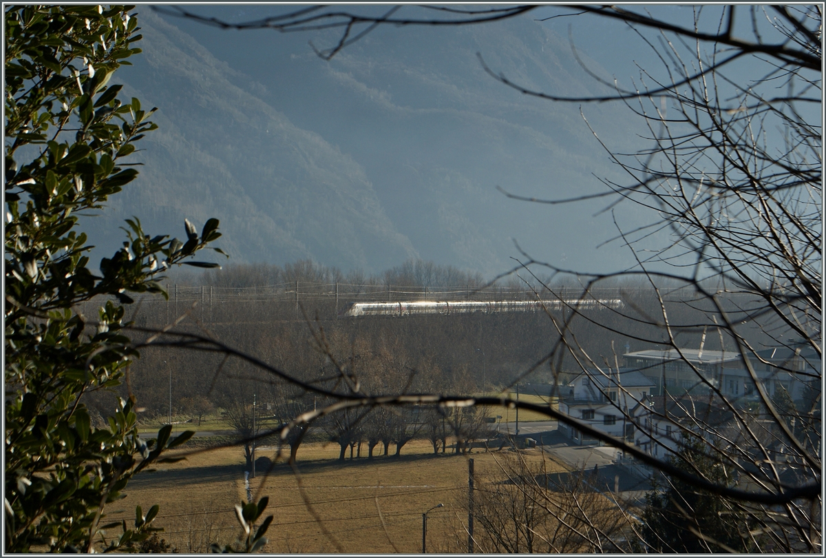 Der ETR 610 einmal anders, zwar nicht durch die Blume, aber durch Gehölz, durchs blattlose Gehölz südlich von Domodossola. 
17. Dez. 2013
