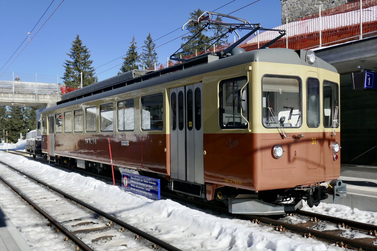 Der ex. ASm Triebwagen Be 4/4 31  Lisi  am 28.1.24 im Bahnhof Winteregg.