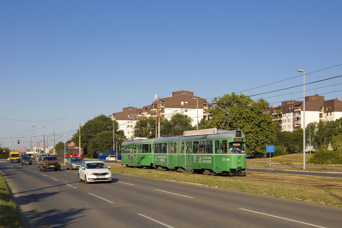 Der ex. BVB Düwag GT6 2644 ist mit einer Werbeaufschrift zum 20-järigen Jubiläum Schweizer Straßenbahnen in Belgrad unterwegs und hat zudem eine elektronische Zielanzeige bekommen. Am 1. August 2025 war der Wagen gemeinsam mit FFA/SWP B4N 1495 auf der Linie 7 Л im Einsatz und ist hier auf der Jurija Gagarina kurz nach Verlassen der Haltestelle Dr Ivana Ribara zu sehen. 