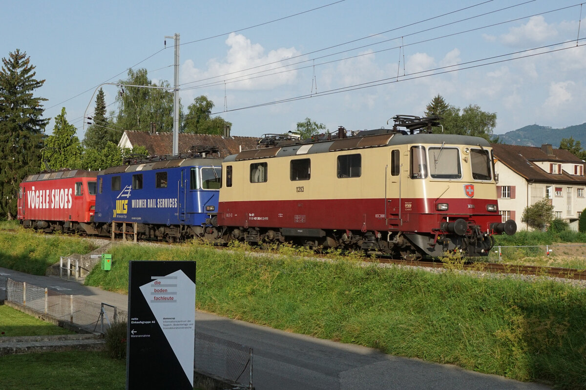 Der farbenfrohe OeBB Güterzug vom 13. August 2021.
DSF Re 456 094-2, + WRS Re 430-111 + TEE TR Re 421-393 bei Balsthal auf der Fahrt nach Oensingen.
Foto: Walter Ruetsch