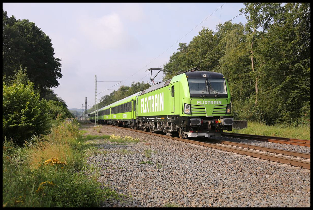 Der Flix Train ist wieder zwischen Köln und Hamburg unterwegs. Am 25.07.2020 fuhr er um 9.03 Uhr in Richtung Osnabrück in Natrup Hagen an mir vorbei.