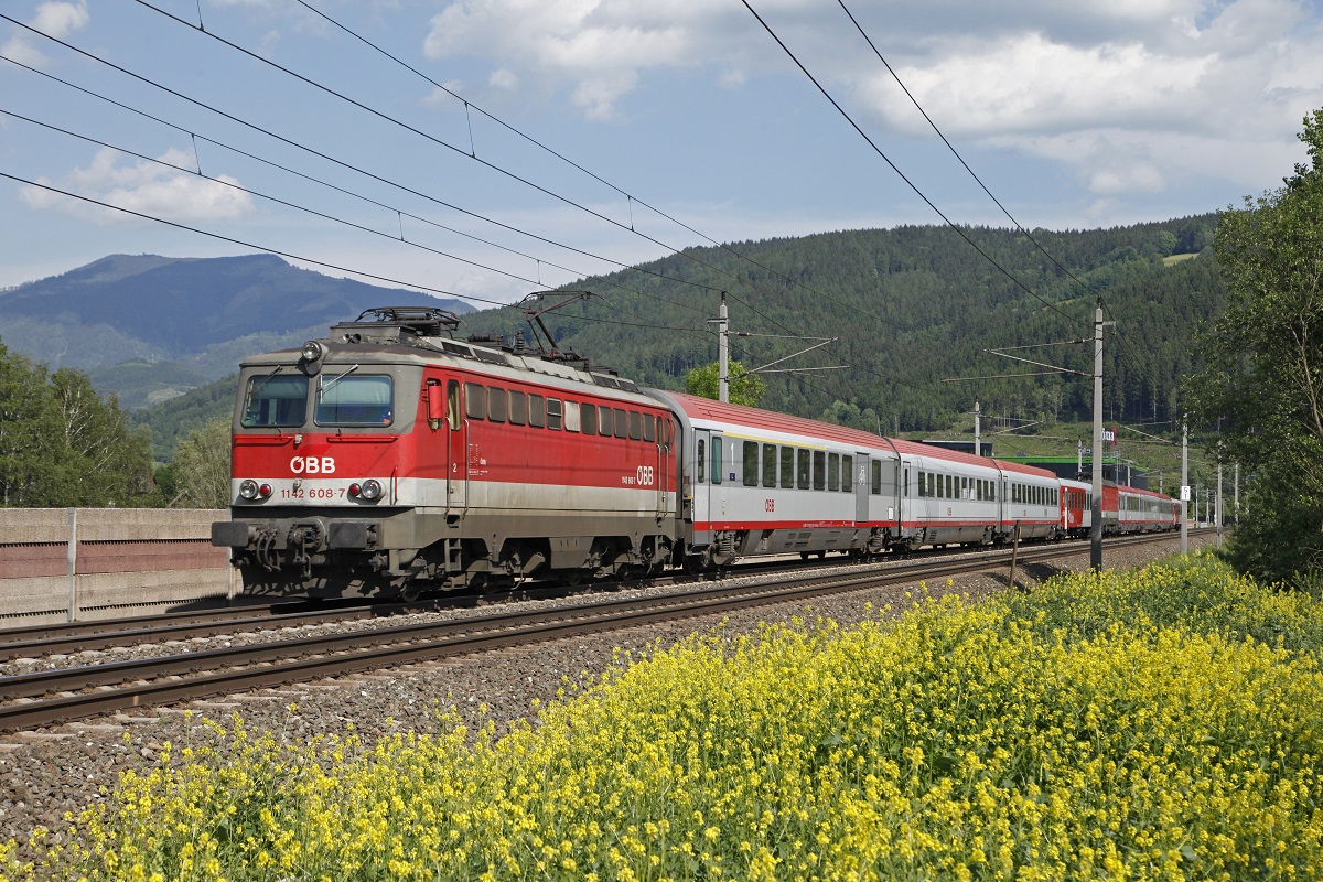 Der Frühling hat die Fotostelle bei Oberaich gelb eingefärbt. Zu sehen die 1042 608 mit Intercity am 23.05.2017.
