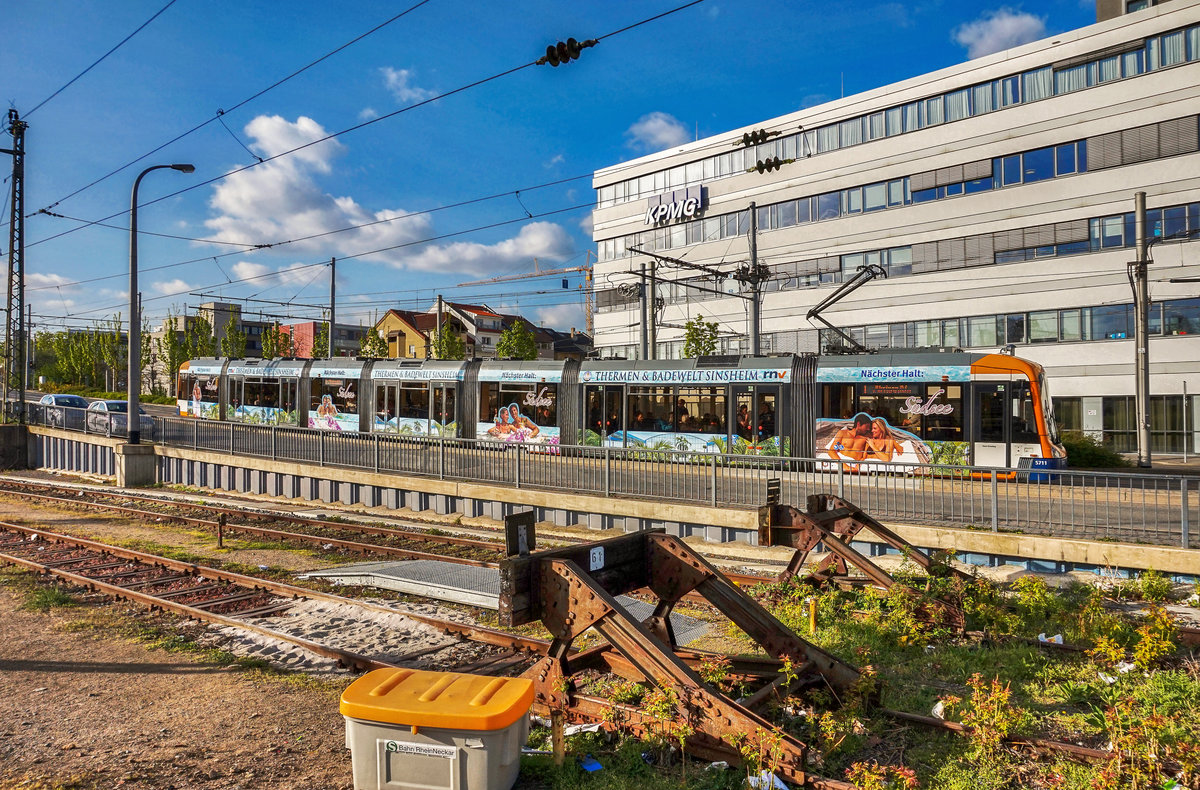 Der für Thermen & Badewelt Sinsheim werbende rnv-Tramwagen 5711 fährt kurz vor der Haltestelle Mannheim Hauptbahnhof vorüber.
Unterwegs war die Garnitur auf der Linie 1 (Schönau, Endstelle - MA-Rheinau, Bahnhof).
Aufgenommen am 6.4.2017.