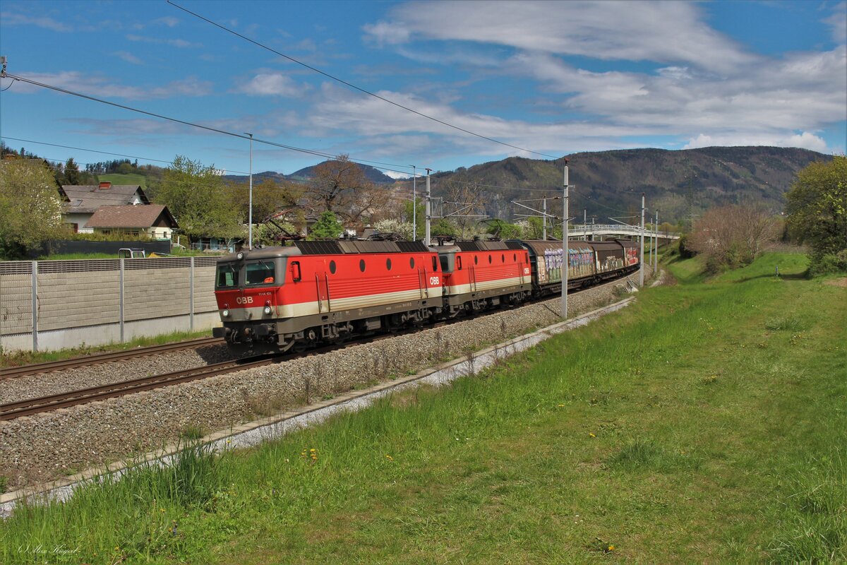 Der GAG48931 von Spellen nach Gratwein-Gratkorn wurde am 29.4.2023 ab Wels Hbf von der 1144 101 und der 1144 112 bespannt und fährt hier kurz vor seinem Ziel bei Stübing.
