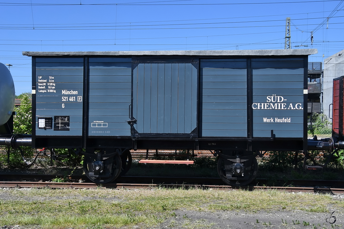 Der gedeckte Güterwagen München 521 461 G war Anfang Juni 2019 im Bayerischen Eisenbahnmuseum Nördlingen ausgestellt.
