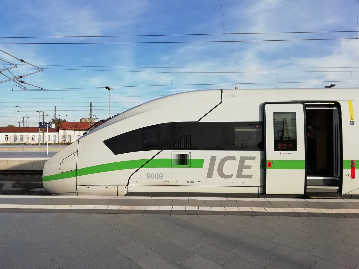 Der Grünstreifen des ICE 4 in der Seitenansicht in Leipzig Hbf.  22.09.2019