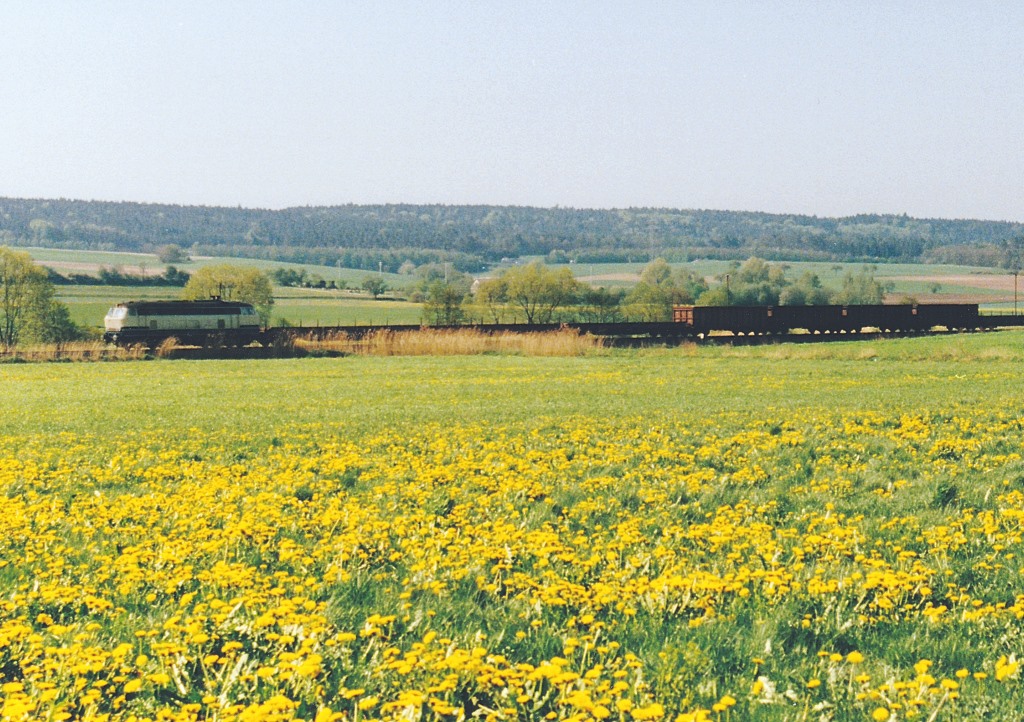 Der Güterzug von Schlüsselfeld nach Bamberg am 7.5.96 östlich von Wachenroth.