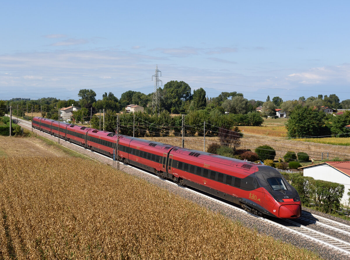 Der hamsterbäckige ETR 675 007 italo EVO war zum Mittag des 13. September 2021 als  Zug 8982 von Venezia Santa Lucia nach Torino Porta Nuova unterwegs, und wurde von mir in Mestrino fotografiert.