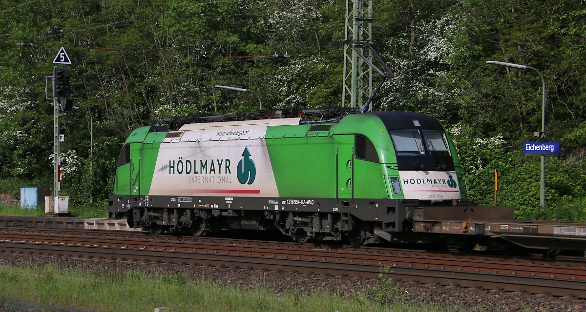 Der Hödlmayr Taurus 1216 954-8 mit Containerzug beim Signalhalt in Eichenberg. Aufgenommen am 16.05.2015.